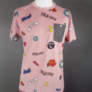 Pink Multicolour Design Crew Neck Short Sleeved Pocket T-Shirt