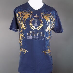 Navy Blue & Gold "Fast Life" Studded V Neck Short Sleeved T-Shirt
