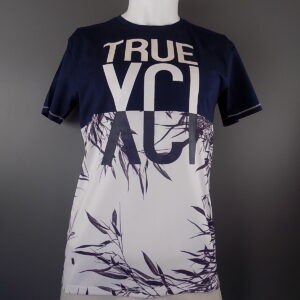 Dark Blue "True" Leaf Design Crew Neck Stretch T-Shirt. Medium.