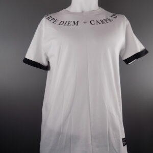 White Short Sleeved T-Shirt with Black "Carpe Diem" Motif