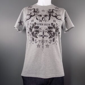 Grey Silver Studded Skull Snake & Cross Design Crew Neck Stretch T-Shirt