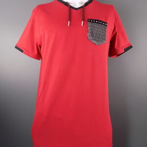 Drawstring V Neck Short Sleeved T-Shirt with Studded Pocket Available in Red & White